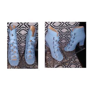 Cute as a button, denim open toe bootie